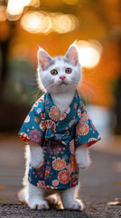 Wall Mural - cute white kitten wearing short sleeve Japanese kimono in standing position with outdoor background