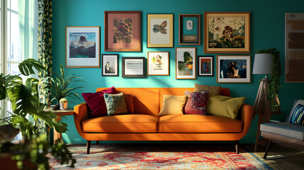 Wall Mural - beautiful living room interior featuring a gallery wall of assorted frames can be used as a wallpaper