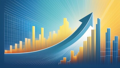 Illustrative financial growth chart showcasing a dynamic upward arrow among high-rise bar graphs under a blue gradient sky. Dynamic Financial Growth Chart with Arrow

