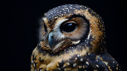 Close-up of a Great Spotted Owl on a black background. Detail bubo bubo. Owl on the background.