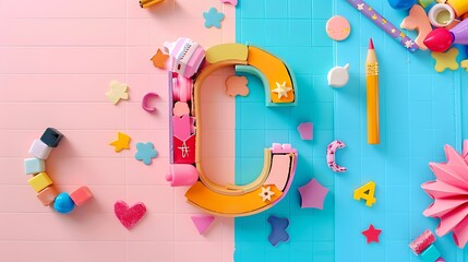 concept letter C made of toys and art supply on tiled color background