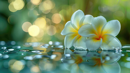 Close-up of two white and yellow Frangipani flowers petals on a glass table with a blurred green background depicting the concept of beauty care spa time skin care