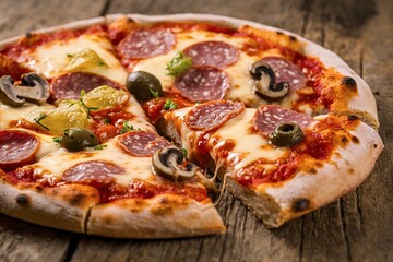 Wall Mural - A freshly baked pizza placed on a wooden surface