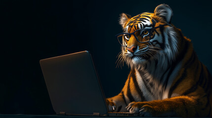 Sticker - A tiger is sitting in front of a laptop computer, wearing glasses and typing on the keyboard. Concept of humor and playfulness, as the tiger is not a typical user of technology