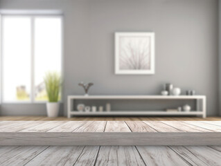 Poster - Empty wooden tabletop in blurred living room background