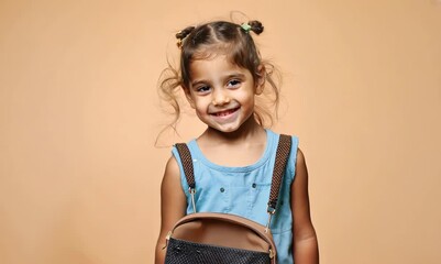 Poster - cute little girl with a backpack on a beige background.