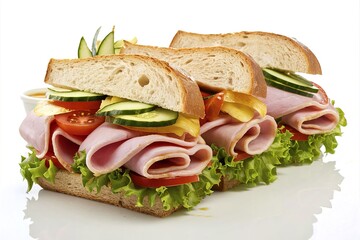 Wall Mural - Three sandwiches with ham, lettuce, and tomatoes