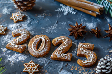 Wall Mural - 2025 gingerbread numbers, new year biscuits greeting card, gingerbread cookies celebrate banner