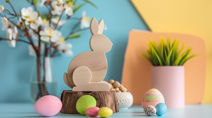 Easter decoration with wooden bunny isolated on colorful background