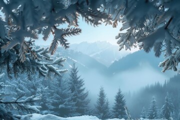 Wall Mural - serene winter forest scene snowcovered fir branches framing misty mountain vista soft morning light filtering through trees minimalist composition
