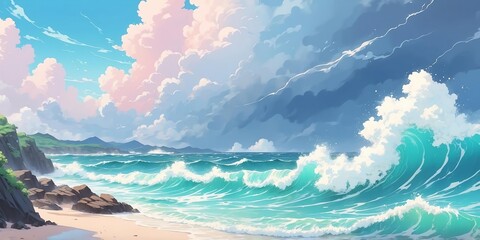 Sticker - Soft pastel style anime casual sea storm scene for background