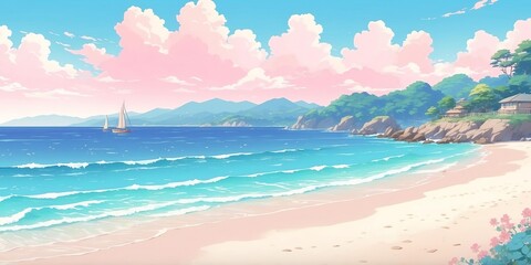 Sticker - Soft pastel style anime casual sea scene for background