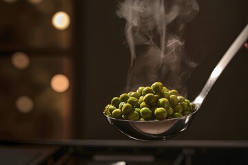 Cooked peas in a kitchen ladle with rising steam over a dark background