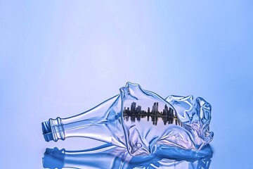 Wall Mural - Crumpled empty clear plastic bottle on blue background with reflection