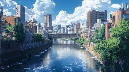 Wall Mural - river in the midle of city anime style