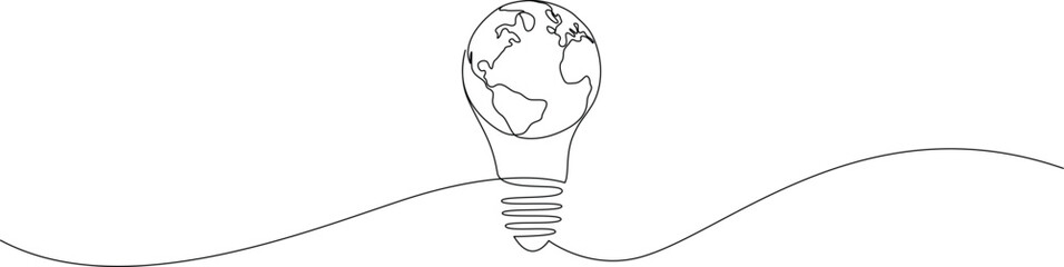 Wall Mural - continuous line drawing of light bulb with earth globe inside. one line world map in lamp vector ill