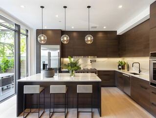 Wall Mural - Modern, sleek kitchen with stainless steel appliances, white cabinets, and minimalist design aesthetic.