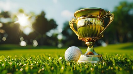 golden winner cup with golf ball and golf club on green grass on golf course