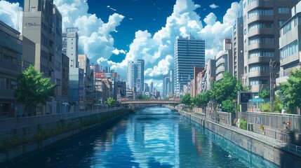 Wall Mural - river in the midle of city anime style