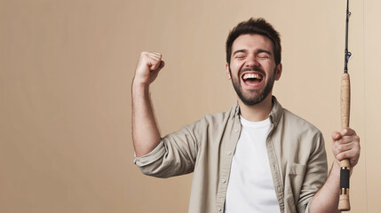 Man celebrating fishing success, happy fisherman holding rod, thrilled expression, fishing joy concept