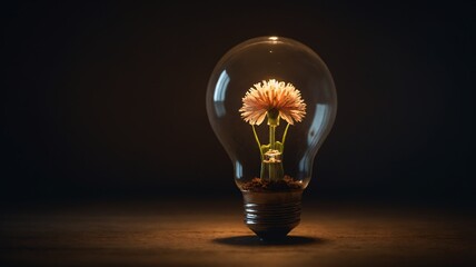 Wall Mural - Flower in a light bulb on a wooden table with dark background