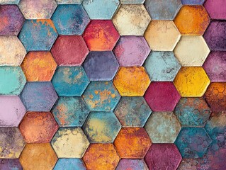 Wall Mural - Vibrant hexagonal tiles in an artistic arrangement, showcasing a blend of colors and textures for a modern aesthetic.