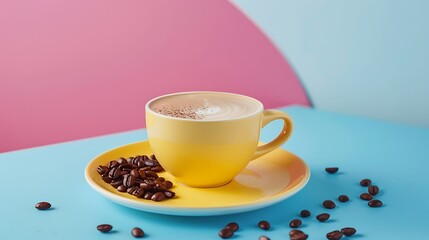 Latte coffee in yellow coffee cup with plate and coffee beans isolated on colorful background