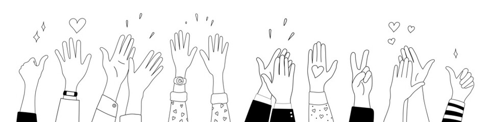 Wall Mural - Doodle sketch hands up gestures comic icons silhouettes vector set. Group of line art fun comic hands in the air. Voting or happy congratulation audience recognition symbols.