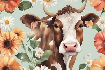 Wall Mural - animal portrait mouth daisy farm painted illustration hand flower cow watercolor pet loose milk white head summer raster black cute texture beautiful background drawn