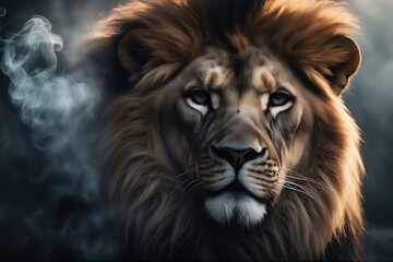 Wall Mural - lion dark smoke background fog fire mist black animal wildlife felino wild cat carnivore big mammal mane male nature predator leo king dangerous africa strength large fur safari head majestic leader