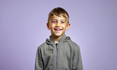 Canvas Print - Portrait of a smiling little boy in a gray hoodie on a purple background