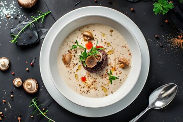 Wall Mural - Mushroom Cream Soup, Cappuccino Soup with Porcini Mushrooms and Truffles, Molecular Dish