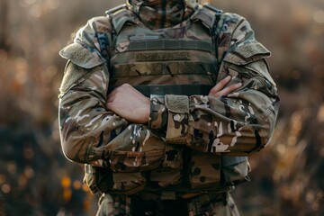 Wall Mural - Close-up of a Soldier with Arms Crossed in Camouflage Uniform