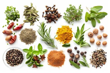 Wall Mural - Fresh spices and herbs set, pepper piles collection, aromatic plants, seasonal food collection, various spices