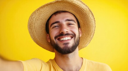 A man posing for a photo wearing a straw hat, likely on a sunny day