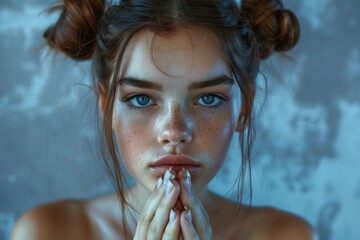 Wall Mural - Girl 20s portrait, cute upset look begging, praying gesture, capricious female face, brown hair, double buns