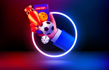 Poster - Make a bet concept. Vivid room with showcase and neon circle. 3d style vector illustration