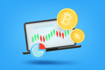 Wall Mural - Online trading concept with laptop, cryptocurrency and color charts. 3d vector illustration