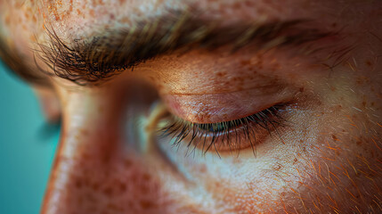 macro close-up of eyelashes eyebrows and tightly closed eyes of a man