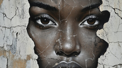 A powerful and emotional depiction of a black woman's face in graffiti on a damaged wall, expressing a desire for equality and social change.