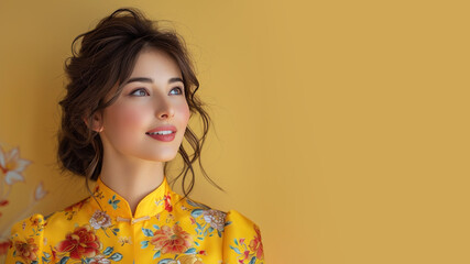 Wall Mural - Canadian girl smile wearing yellow cheongsam at chinese new year festive