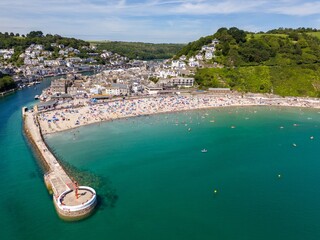 Sticker - Aerial view of the Banjo Pier and Looe Beach on a sunny day in Looe town, Cornwall, England, UK