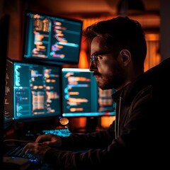 Wall Mural - Cybersecurity Specialist Analyzing Complex Code on Multiple Screens in Darkened Tech Environment