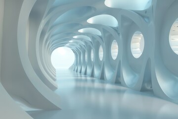 Wall Mural - Futuristic white tunnel with round windows, leading to glowing bright light. Concept of science fiction, future architecture and innovation.