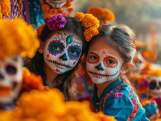 Children with Catrina makeup celebrating Dia de los Muertos in front of an altar. Day of the Dead celebration. Design for greeting cards, invitations, posters. Close-up with copy space