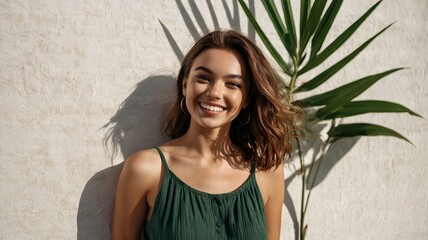 Radiant Beauty: Stylish Woman Posing Against a Sunny White Wall