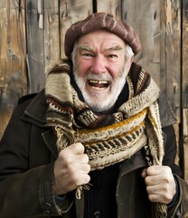 Wall Mural - Angry Senior Man With White Beard Wearing Brown Knit Hat and Scarf