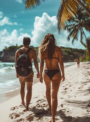 Wall Mural - Couple Walking On Beach With Palm Trees And Blue Sky