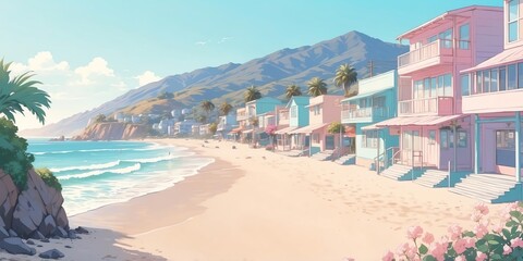 Sticker - Soft pastel anime style casual beach in california usa scene for background