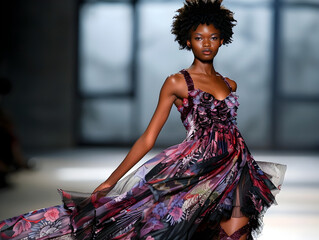 Wall Mural - A stunning runway model struts in a dramatic flowing dress with bold, captivating style.